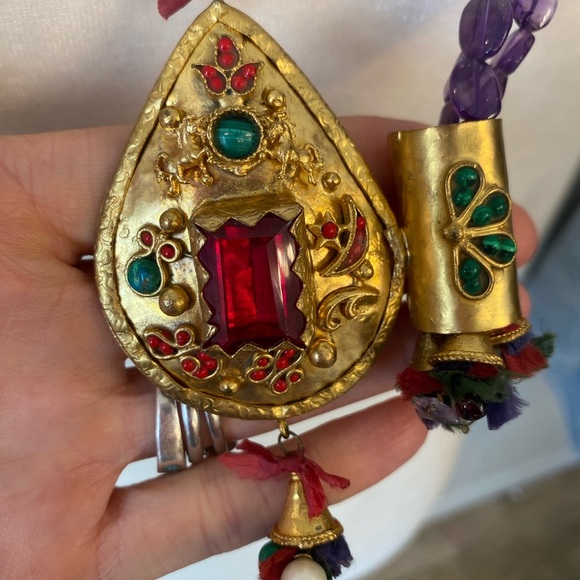 Vintage Turkish Copper Metal Beaded Statement Necklace Rhinestones Purple Long - Picture 6 of 6